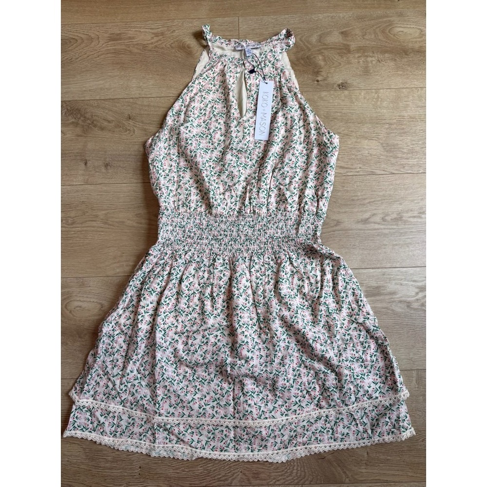 NWT Koko + Mason floral halter mini dress smocked elastic waist ruffle hem sz M